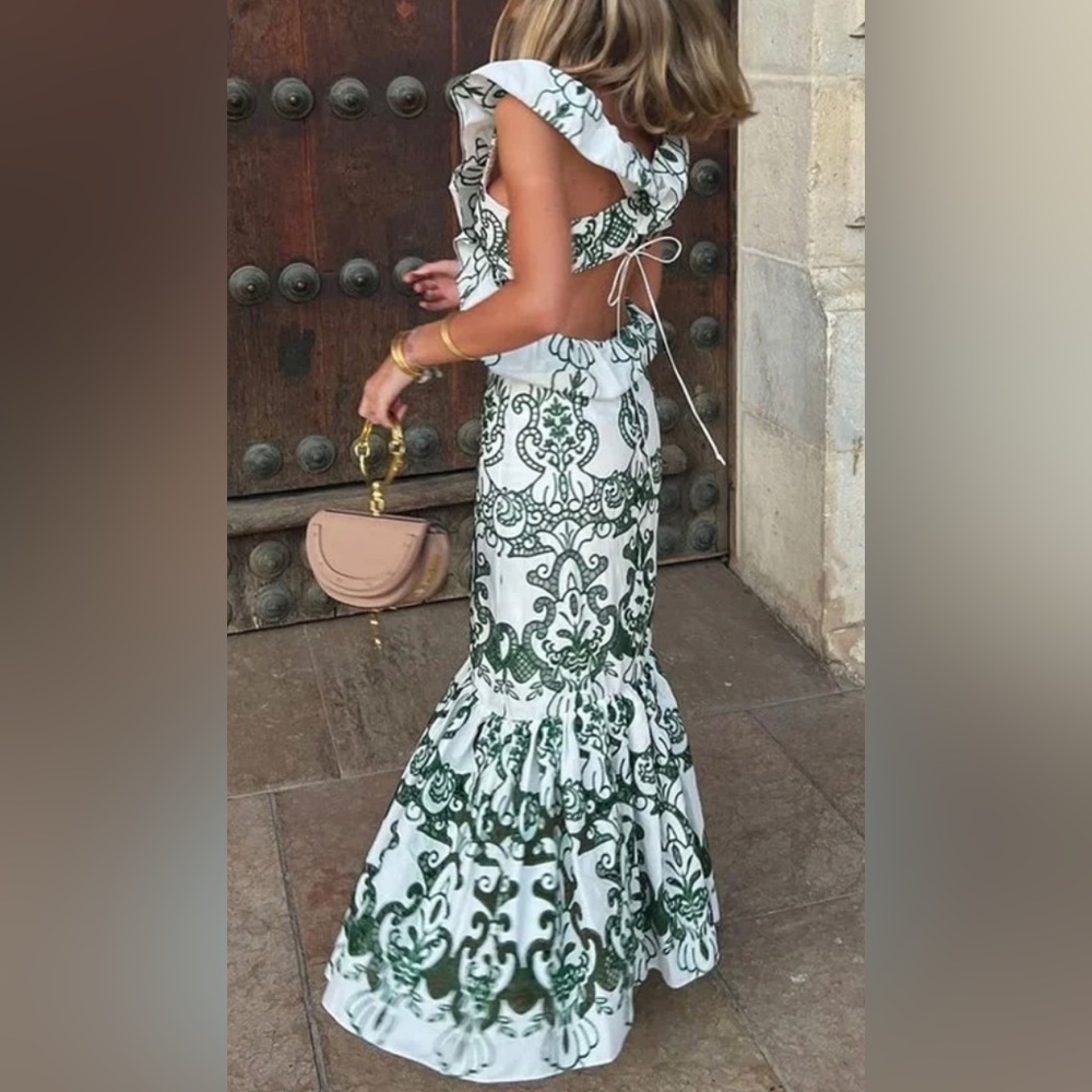 NWT Zara Limited Edition Green White Ruffled Eyelet Lace Dress S M L Tuckernuck - Picture 2 of 12